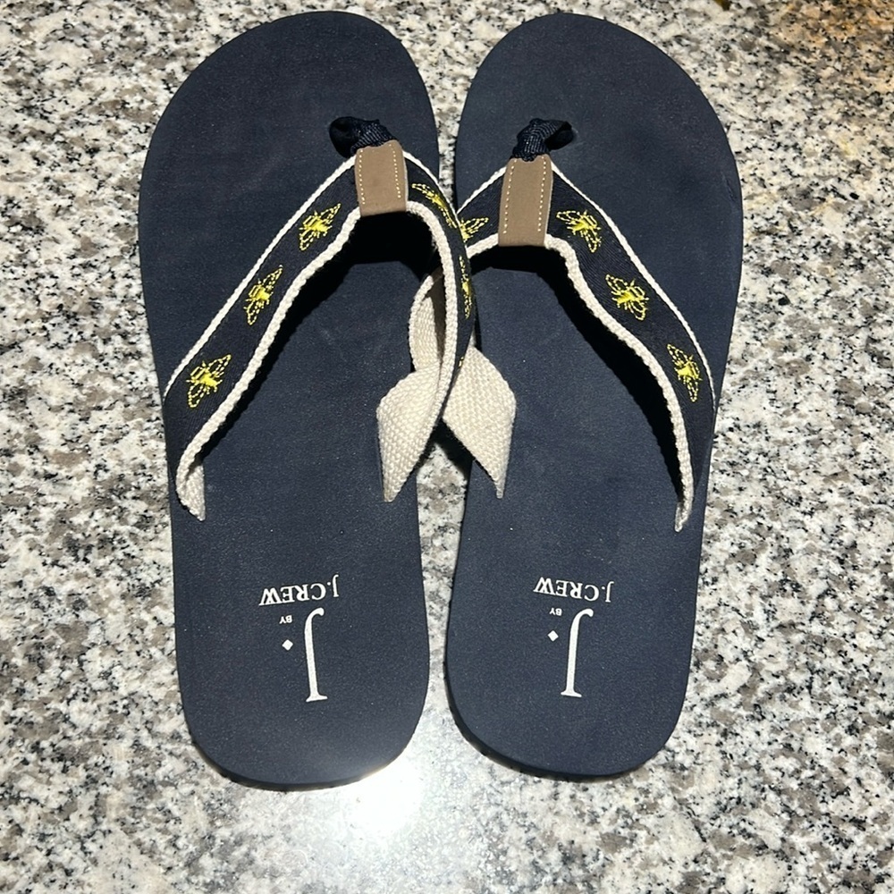 J. Crew Bee Flip Flops Navy Yellow size 7 summer spring vacay